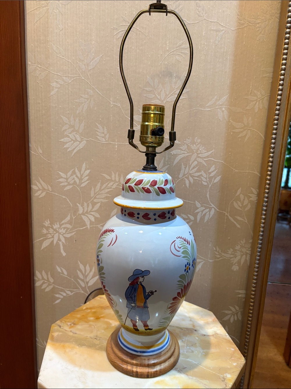 Henriot Quimper French  Hand Painted Table Lamp with Breton Man  Motif